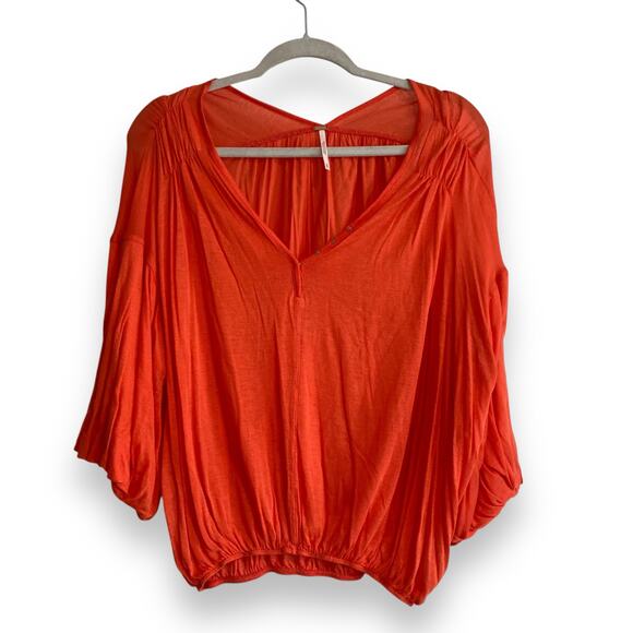 Free People Peaks Island Orange Mesh Sheer Lantern Sleeve Boho Top Size Medium - Picture 1 of 16